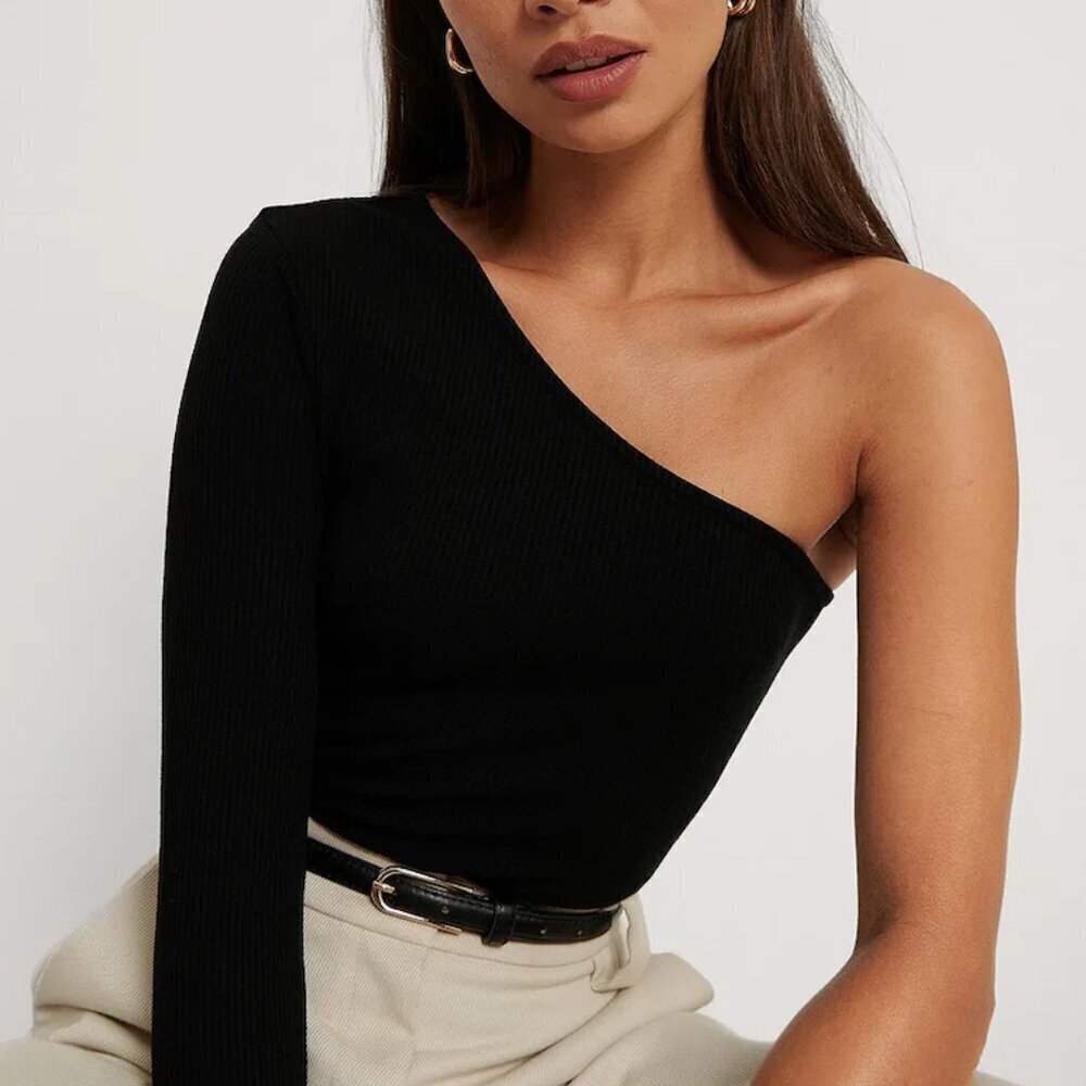 Zara One Long Sleeve Off Shoulder Black Basic Top Slightly Sheer Medium NWT